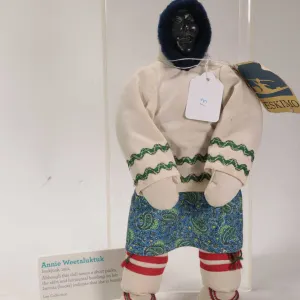 Annie Weetaluktuk hand made Inuit doll with black soapstone carved head 12 1/2" and includes origina