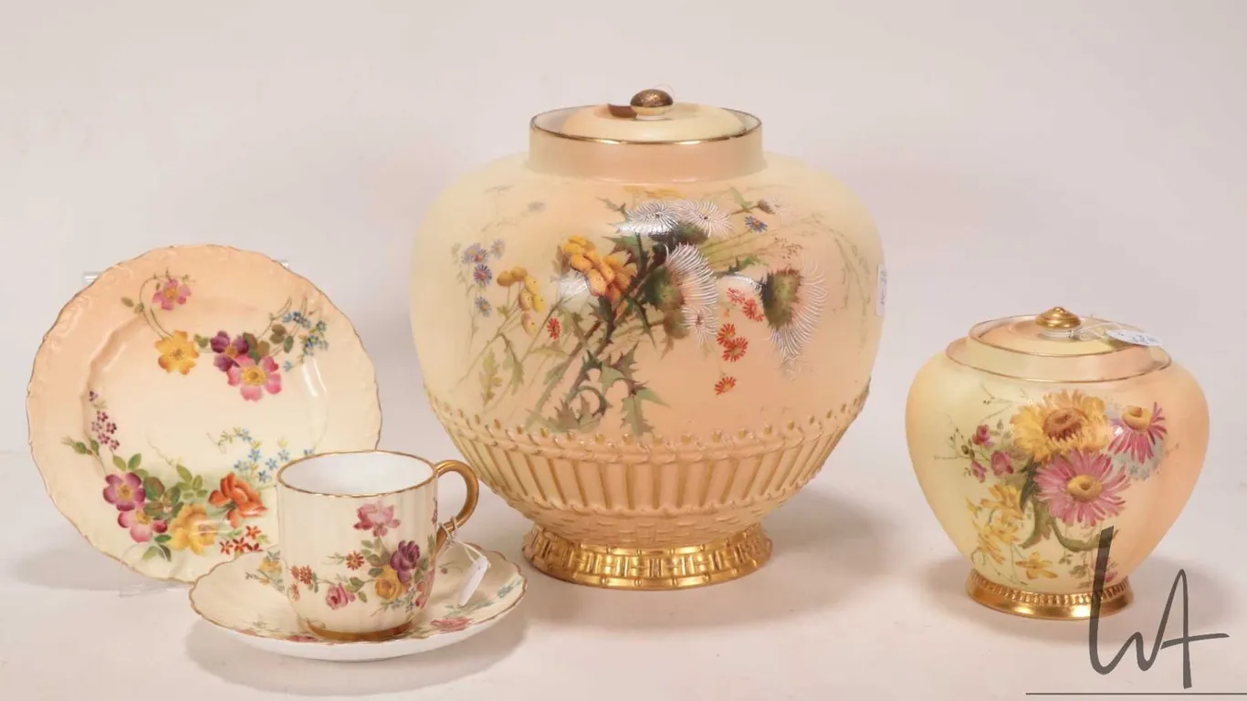 Selection of antique Royal Worcester Blush Ivory including lidded rose jar with hand painted florals
