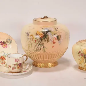Selection of antique Royal Worcester Blush Ivory including lidded rose jar with hand painted florals
