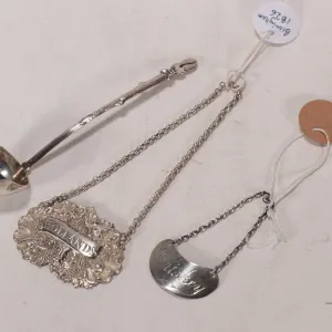 Selection of small antique/ vintage sterling items including bottle tags and small condiment ladle