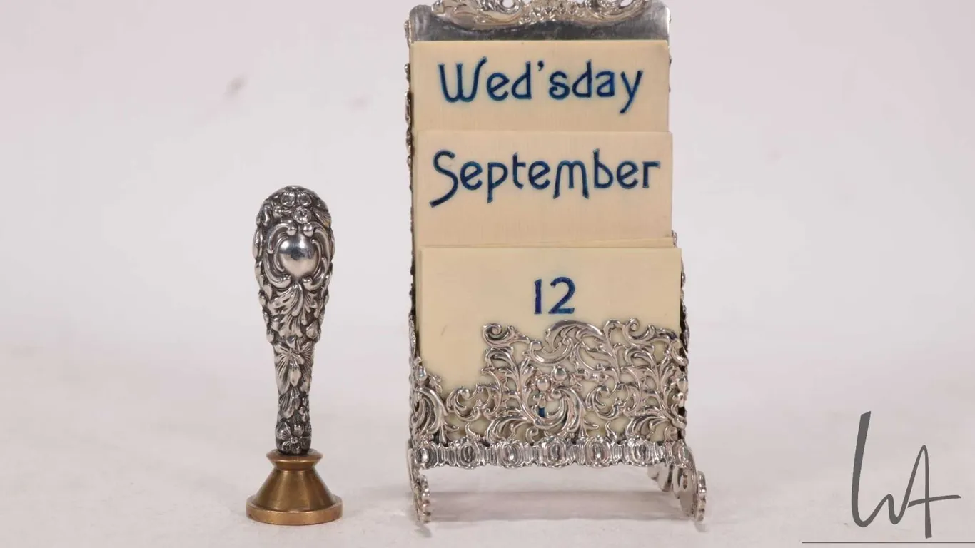 Antique sterling silver perpetual desk calendar, note: some damage to metal work and a antique sterl