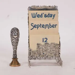 Antique sterling silver perpetual desk calendar, note: some damage to metal work and a antique sterl