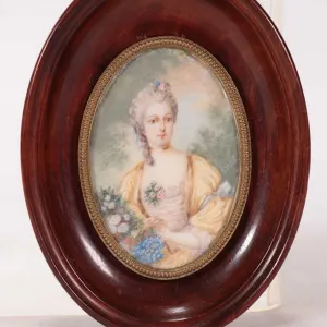 Antique oval framed miniature portrait on a French aristocratic lady, on vellum or ivory, marked on
