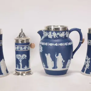 Selection of antique Jasperware including a pair of matched Adams vases with silver rims 6 1/4" in h