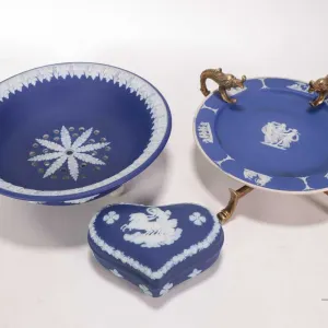 Three pieces of antique Jasperware including Etrusia plate with brass bird motif galley 7" in diamet