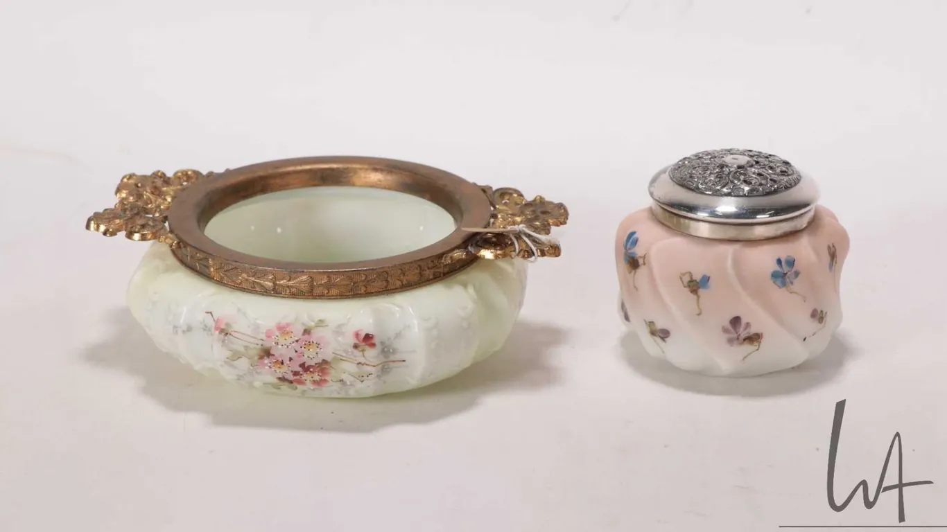 Two pieces of antique Wave Crest painted glass including trinket bowl with brass double handled gall