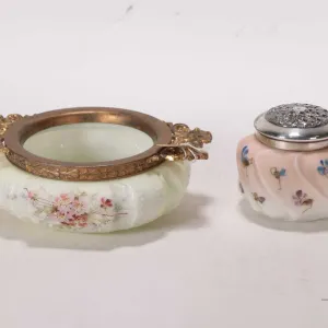 Two pieces of antique Wave Crest painted glass including trinket bowl with brass double handled gall