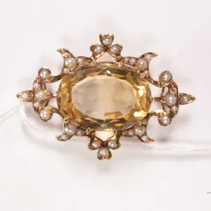 Antique tested 14kt gold, oval cut lemon citrine and seed pearl brooch