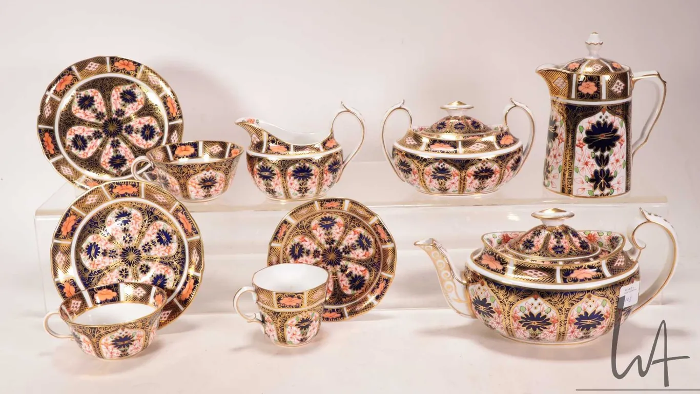Royal Crown Derby "Old Imari" 1128 teapot cream and lidded sugar plus hot water pot and three teacup
