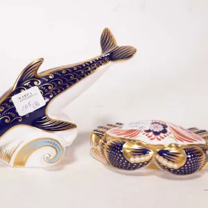 Two Royal Crown Derby Imari gold button paperweights including crab and dolphin