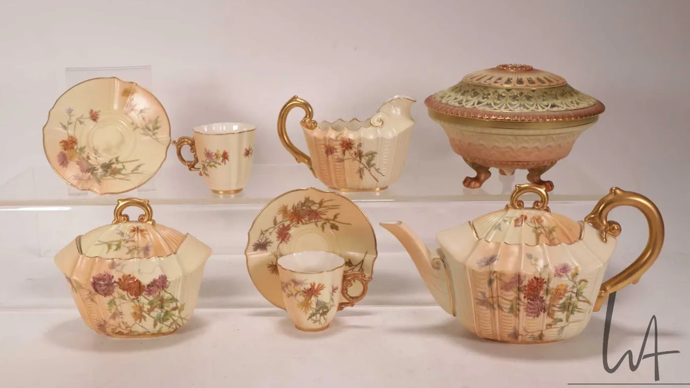 Antique Royal Worcester hand-painted tea service including teapot, cream and lidded sugar, marked 11