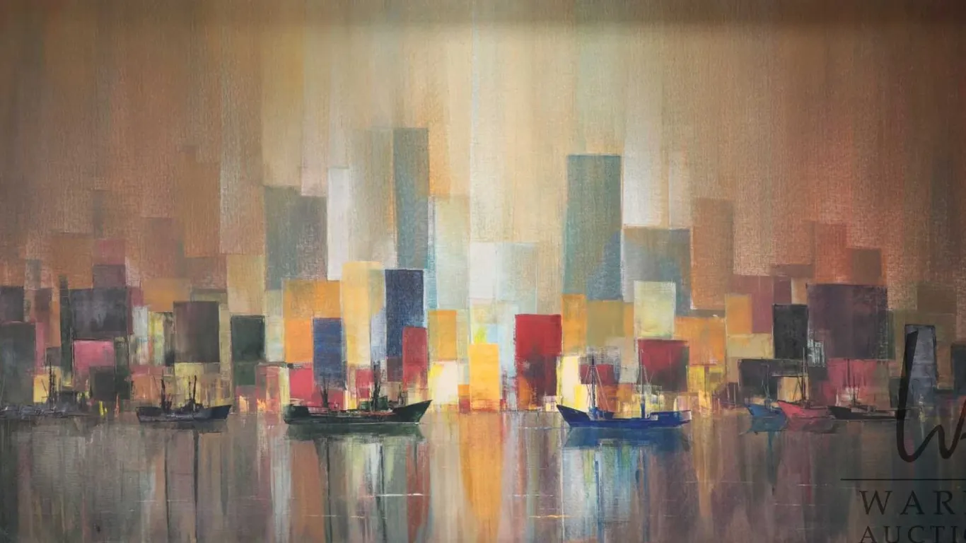Artist signed, MCM oil on canvas abstract vertical cityscape, 23" X 48"