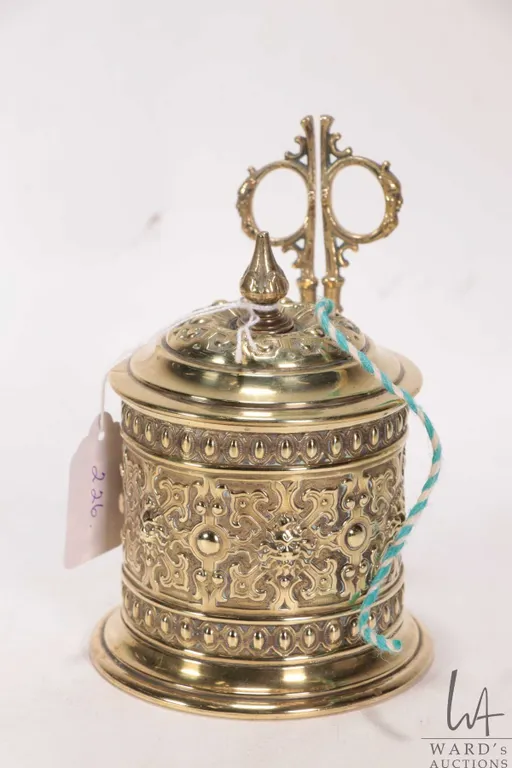 Antique Victorian English brass twine dispenser with matching scissors