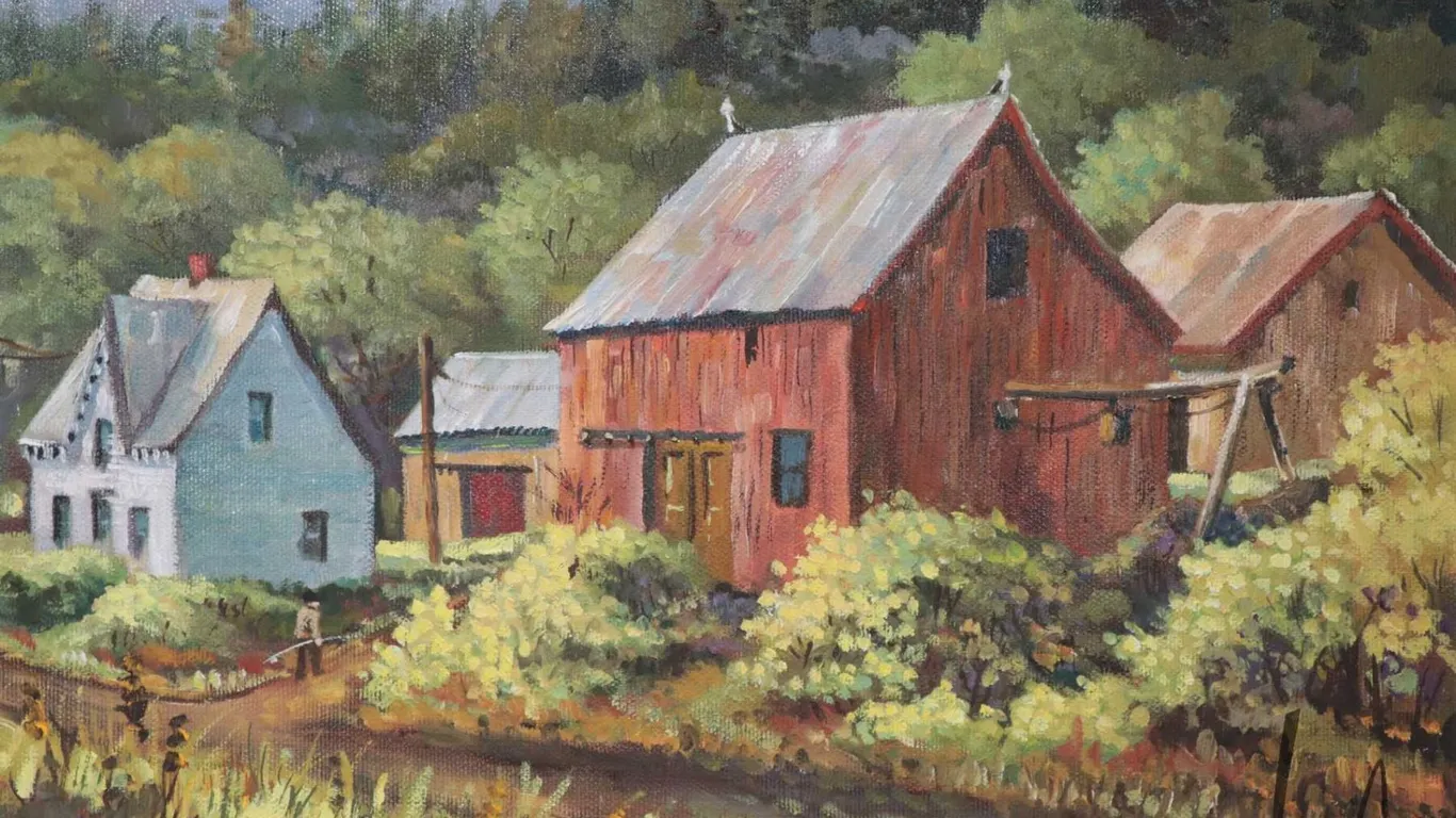 Ray Butler, framed acrylic on massonite painting, titled on verso "Peninsula Barns- Saint John", 15