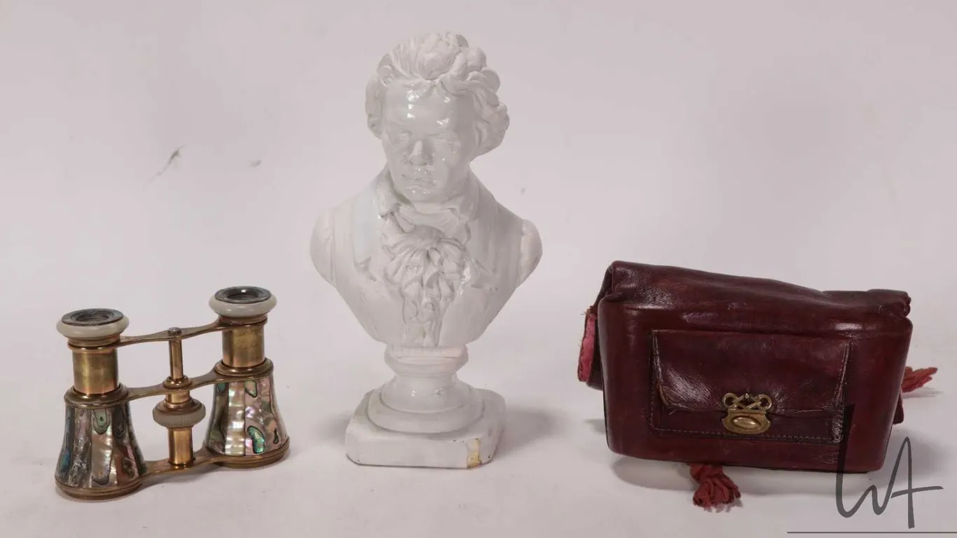 Pair of antique brass opera glasses with iridescent mother-of-pearl panels with soft leather pouch w