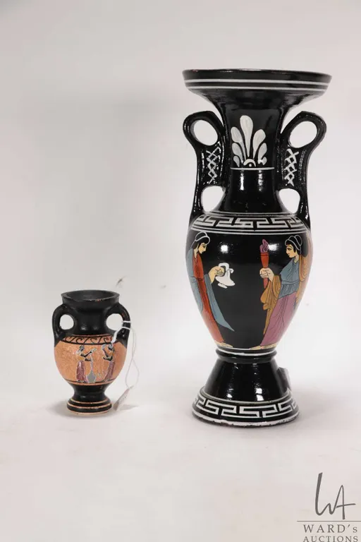 Two Egyptian style hand painted terracott vases including double handled 11" and a small 4" decorate