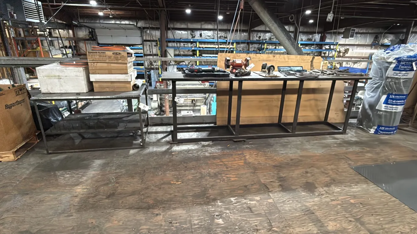 2 METAL SHOP TABLES *CONTENTS NOT INCLUDED* LONG TABLE MEASURES APPROX 10'L