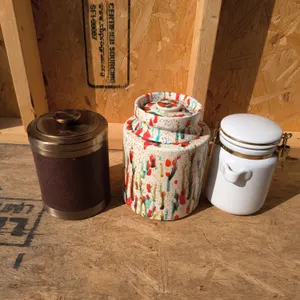 Vintage Canister Trio | Mid-Century Splatter Paint, Brass, & White Ceramic Set