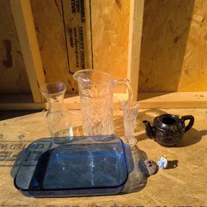 Vintage Glassware & Tea Lot: Cobalt Blue Pyrex Baking Dish, Cut Crystal Pitcher, Japan Teapot