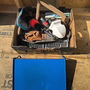 Metal Shelf, Tool Belt, Cleaning Brushes, Storage Crates & Misc
