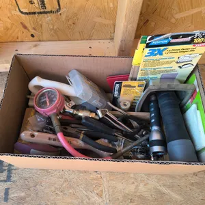 Mixed Workshop Tool Lot - Pliers, Pressure Gauge, Flashlight, Sandpaper & More