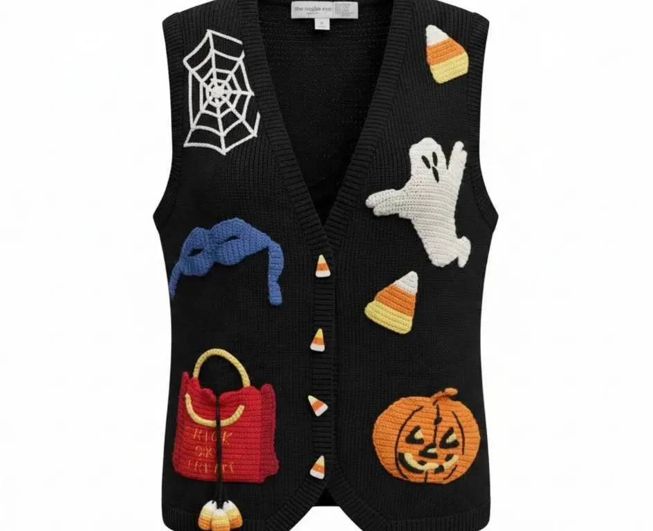 Halloween-Themed Knitted Sweater Vest With Decorative Accents