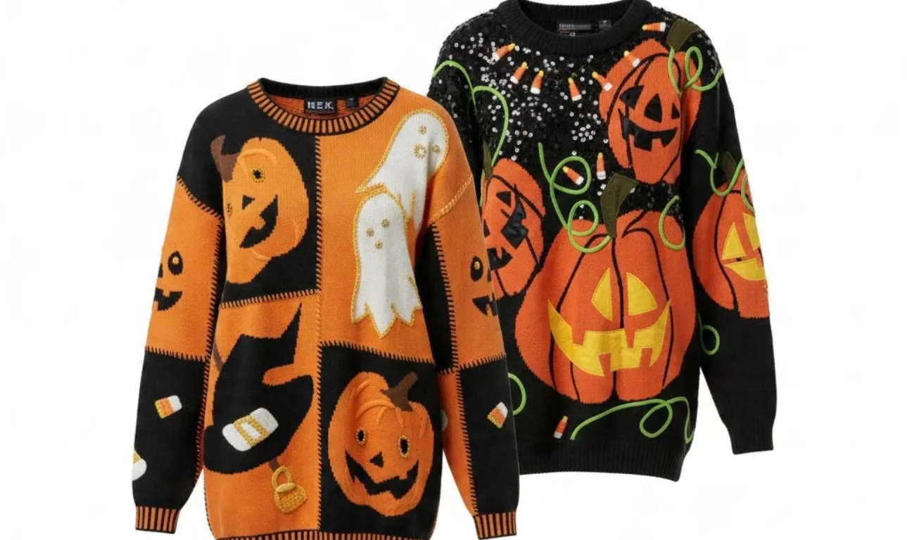 Vintage N.E.K. Halloween-Themed Sweaters With Pumpkin and Ghost Designs