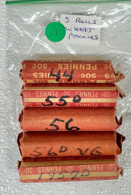 5 Rolls Wheat Pennies 1944-1957D