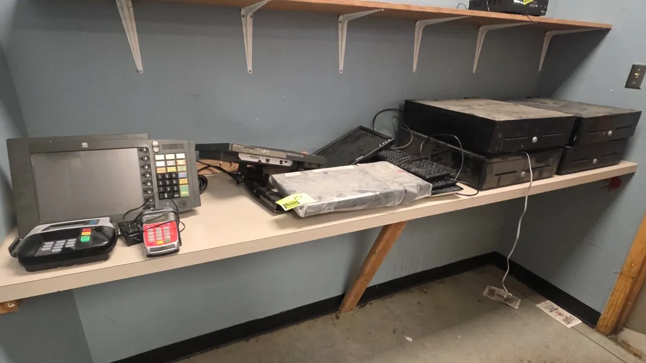 Assorted point of sale (POS) equipment. Includes NCR POS terminal displays with integrated keypads (including Model 5953-8701-9090), (4) cash drawers,
