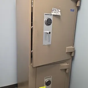 Hamilton Safe 2-door commercial safe. Features two independent compartments with digital keypad entry locks, heavy-duty locking bolts, interior shelf,