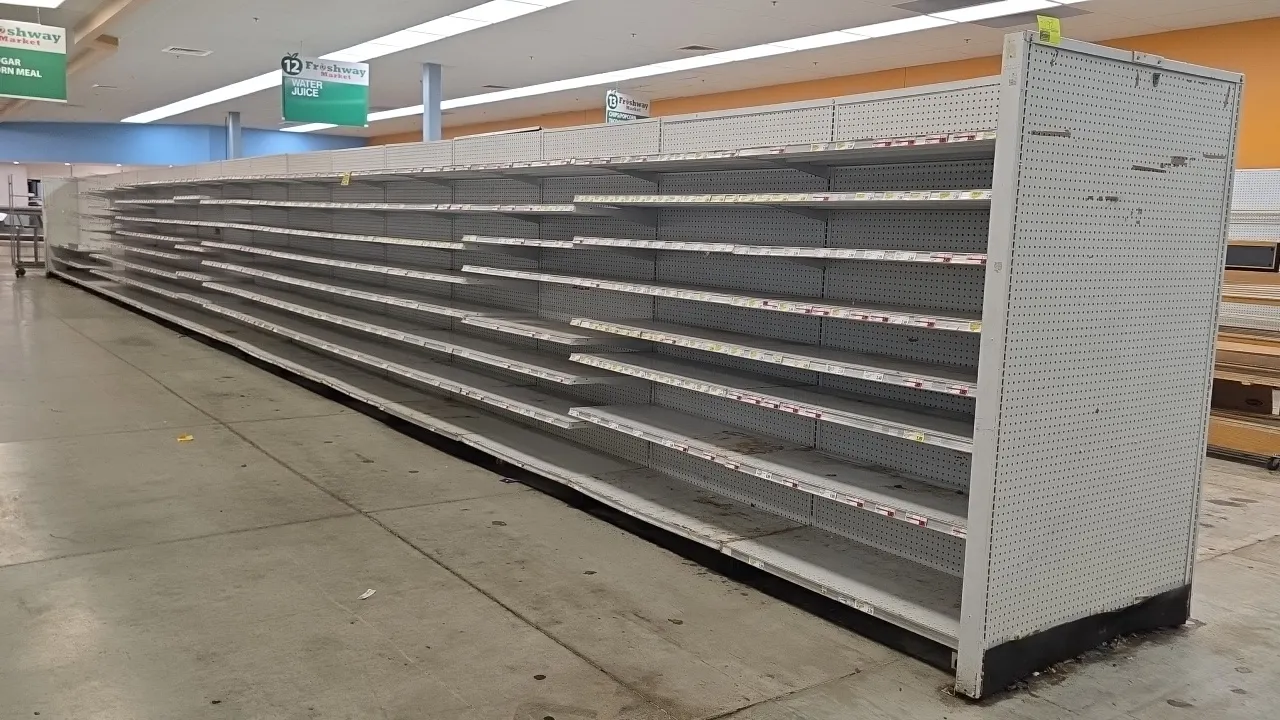 144'L of Madix gondola shelving. 80"H uprights with 20"D base shelves. Features double-sided pegboard backing, adjustable upper shelves, and pegboard