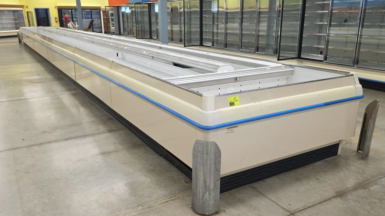 Hillphoenix OWIZ12 open island display cases. Features wire rack decking, protective corner guards, and center air discharge. Dimensions: 62'L total l