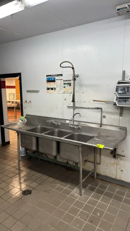 Eagle stainless steel 3-compartment sink. Features left and right drainboards, overhead pre-rinse sprayer assembly with add-on faucet, additional spla