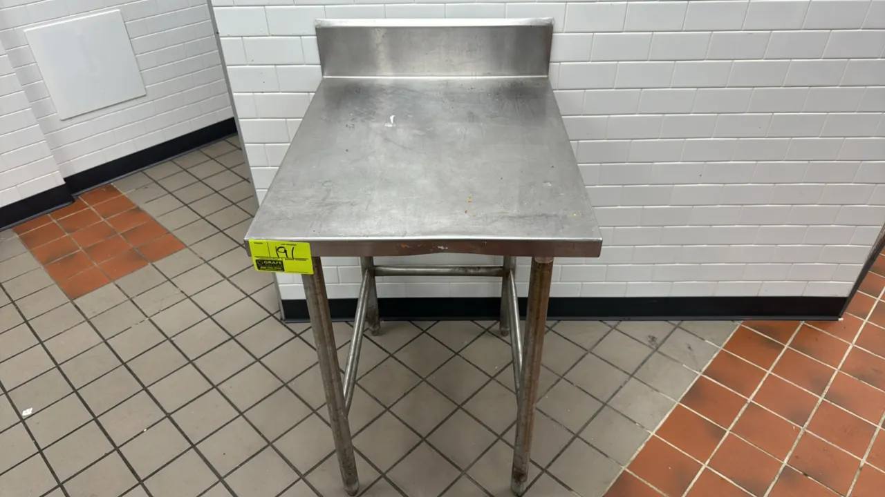 Stainless steel work table. Features a rear backsplash and 3-sided tubular cross bracing. 24" x 30". Mounted on tubular legs with adjustable bullet fe