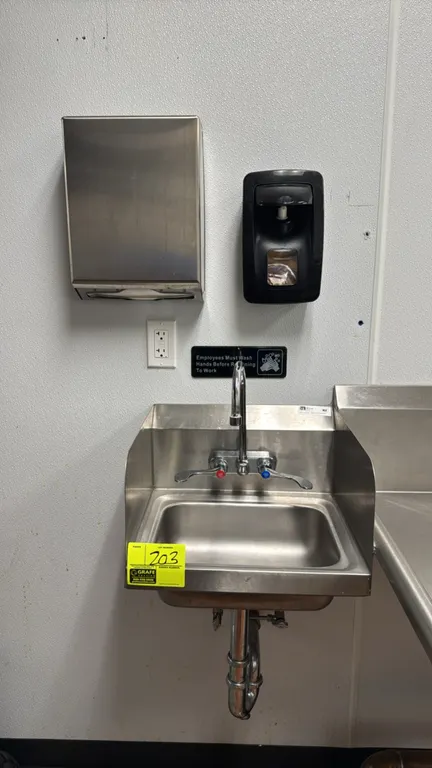 John Boos PBHS-W-1410-SSLR stainless steel hand sink. Features left and right splash guards and splash-mount gooseneck faucet with dual wrist-blade ha
