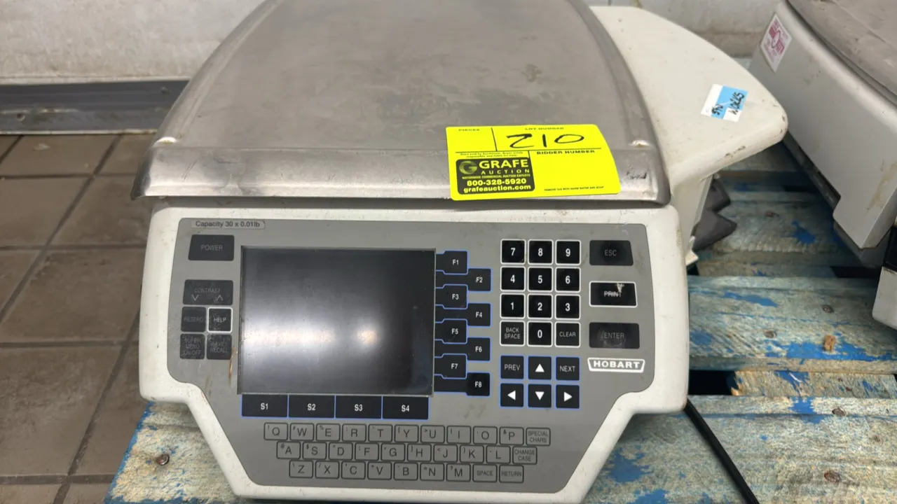 Hobart Quantum electronic scale with label printer. Features 30 lb capacity, stainless steel weighing platter, digital display, and alphanumeric keypa