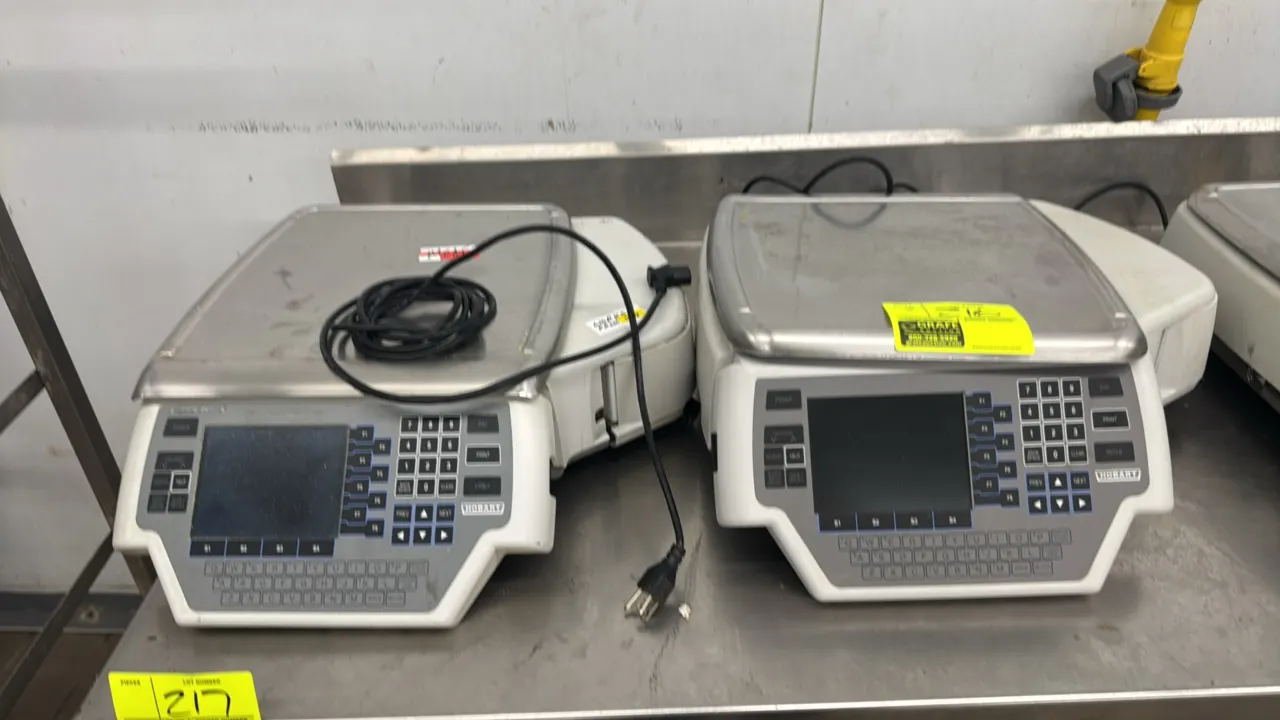Hobart Quantum 30 lb electronic computing scales. Features integrated label printer, digital display, alphanumeric keypad, and stainless steel weigh p