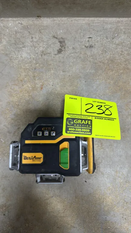 DegLasers 4D01-1 laser level. Features multi-directional laser projection windows, top push-button control panel, and sliding power switch. Note: Batt