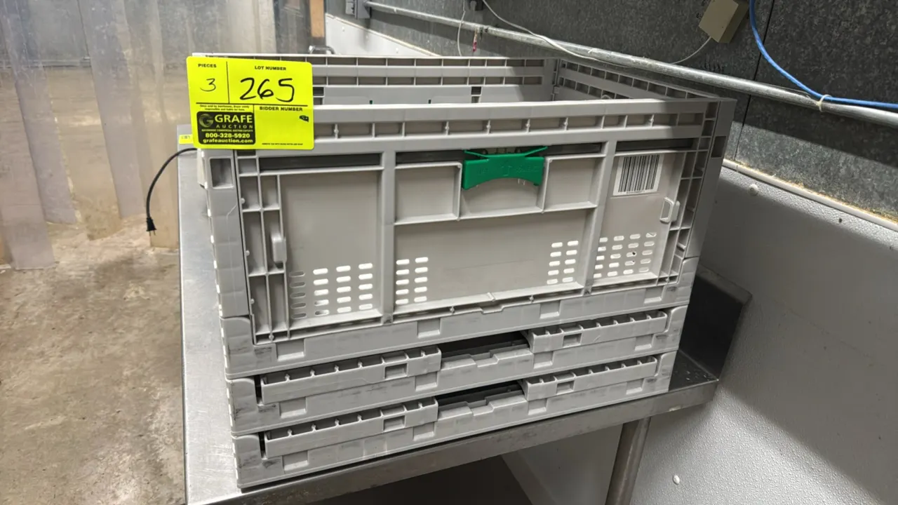 Poly collapsible totes. Features ventilated folding side panels, integrated carry handles, and green release latches. 24" x 16" x 13".