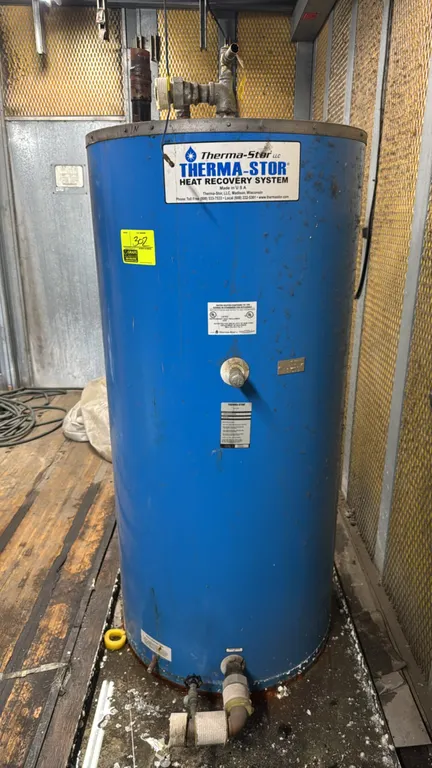 Therma-Stor TS-II-120-1 heat recovery system tank. Features 114-gallon capacity, 80,000 BTU/hr maximum heat exchange rating, and potable water compati