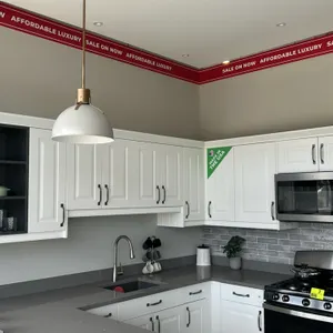 Infinity Plus kitchen cabinet set with solid surface countertop, Blanco undermount sink, and stainless steel gooseneck faucet. Features white laminate