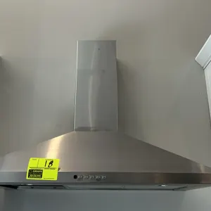 GE JVW5361SJ1SS 36" wall-mount pyramid chimney range hood. Features stainless steel construction, front push-button controls, and integrated underside