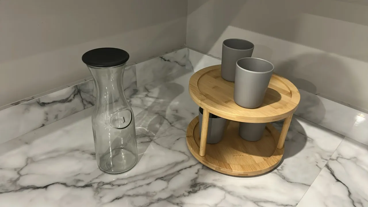Assorted kitchen smallwares and decor. Includes a Tramontina wood cutting board, decorative artificial potted plant, glass carafe with lid, two-tier b
