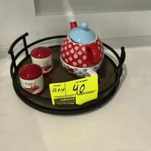 Assorted kitchenware and smallwares. Includes (2) wine glasses, (3) ceramic canisters with wood lids, wooden utensils with holder, glass decanter, (4)