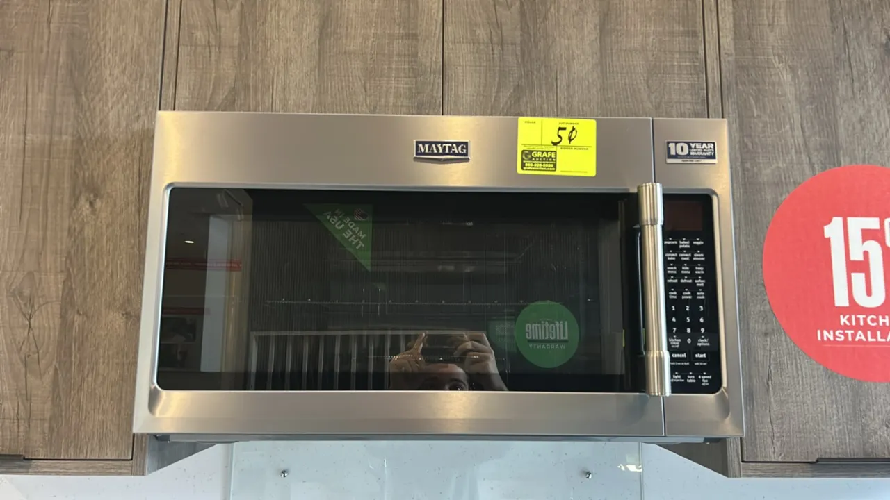 2023 Maytag MMV6190FZ04 over-the-range microwave oven. Features convection mode, stainless steel finish and interior cavity, digital controls, glass t