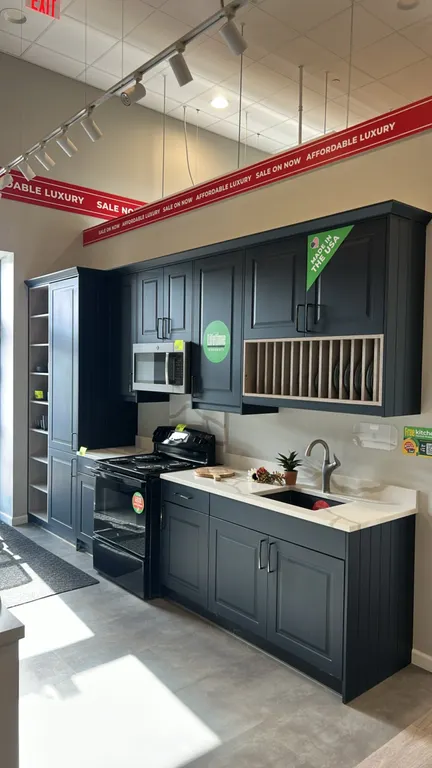 Infinity Plus laminate kitchen cabinets. Features dark blue finish, solid surface countertops with marble-style veining, undermount single-basin sink,