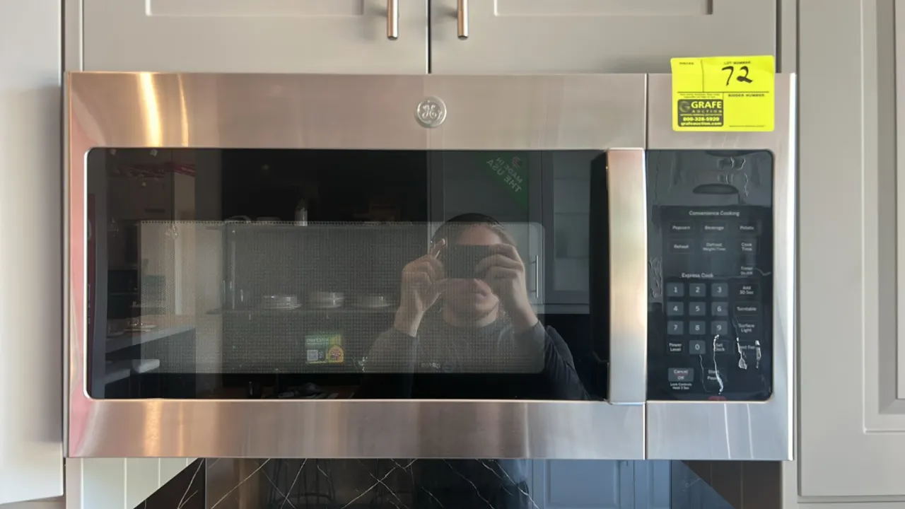 2023 GE JVM3160RF8SS over-the-range microwave oven. Features stainless steel finish, digital control panel, glass turntable, surface light, and vent f