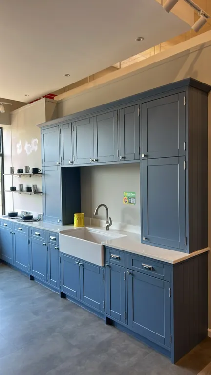 Infinity Plus laminate kitchen cabinets with solid surface countertops. Features blue shaker-style cabinetry, tall pantry unit, glass-front upper cabi