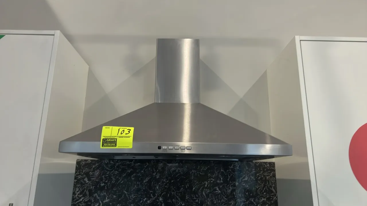 GE JVW5301SJ1SS convertible wall-mount range hood. Features stainless steel construction, push-button controls, cooktop lighting, and telescoping chim