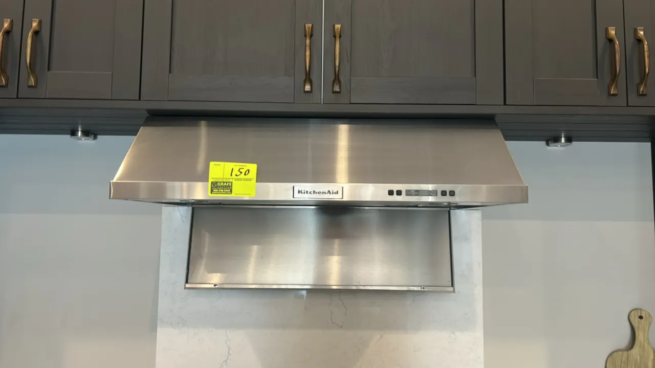 KitchenAid KVUB606DSS5 under-cabinet range hood. Features stainless steel construction, push-button controls with digital display, integrated undersid